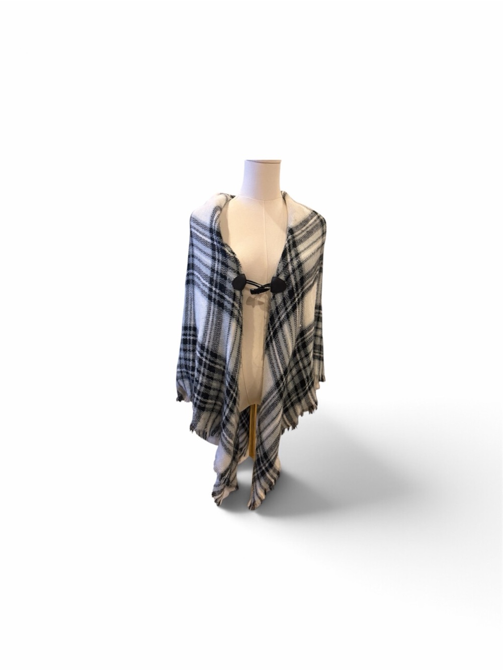 Plaid Hooded Wrap Poncho - Black & White